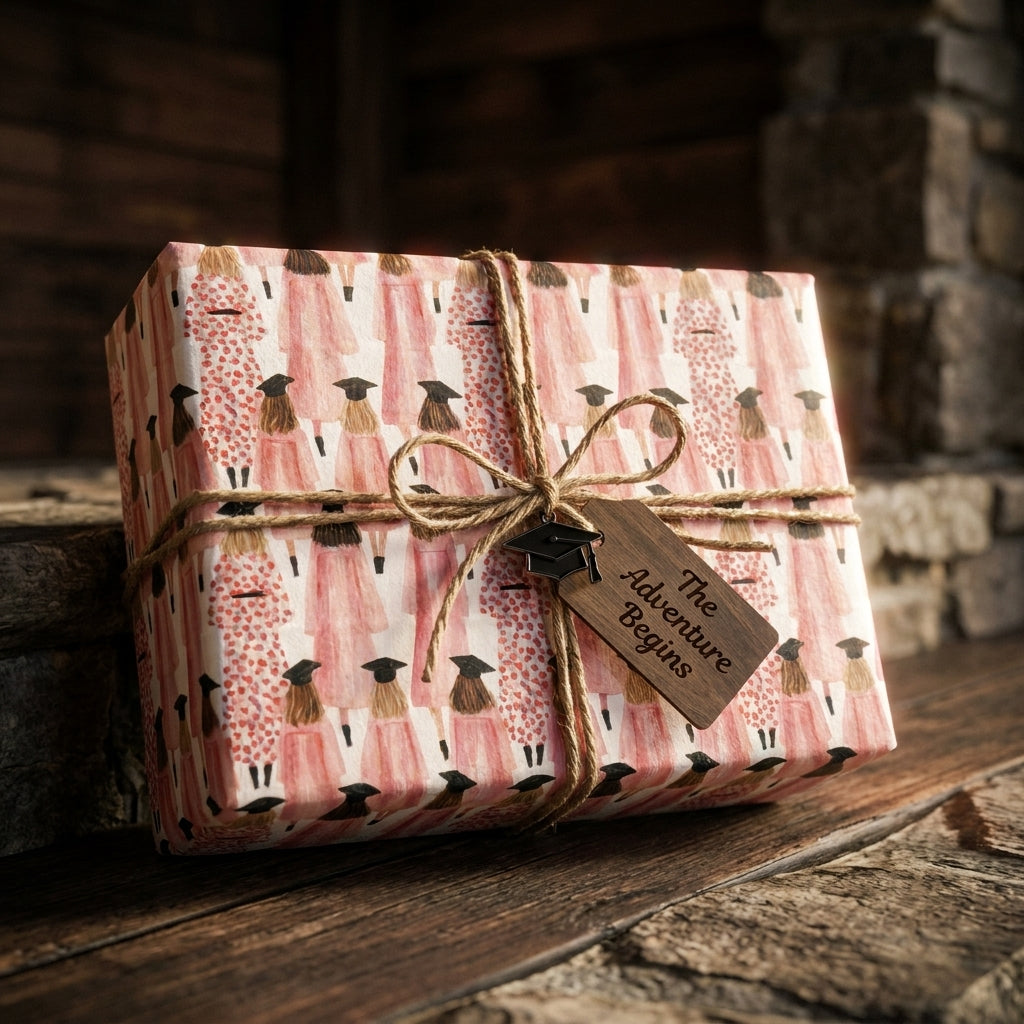 Pink graduation wrapping paper with watercolor graduates and a rustic twine bow by Wrapped Studios.