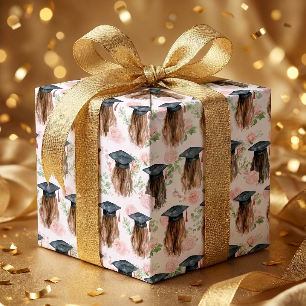 Floral graduation wrapping paper with a gold bow on a gift box. Luxury gift wrap by Wrapped Studios.