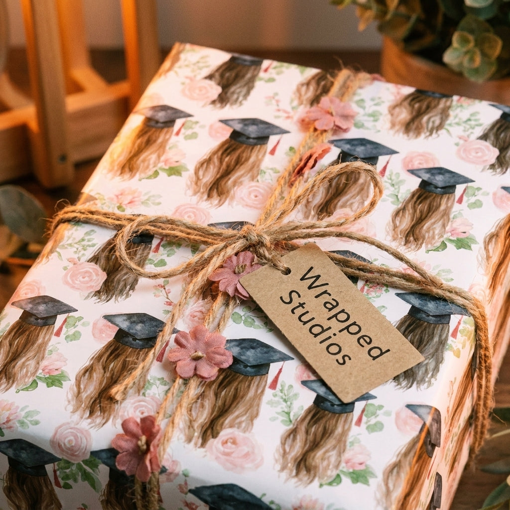 Floral graduation gift wrap with watercolor caps and a rustic twine bow, by Wrapped Studios.