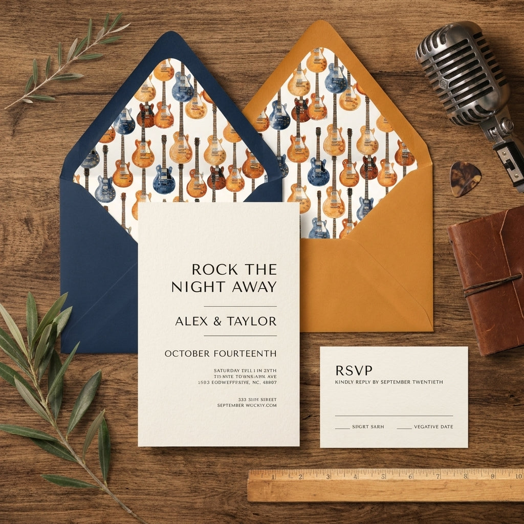 Rock music wedding invitation suite with guitar patterned envelope liners by Wrapped Studios.