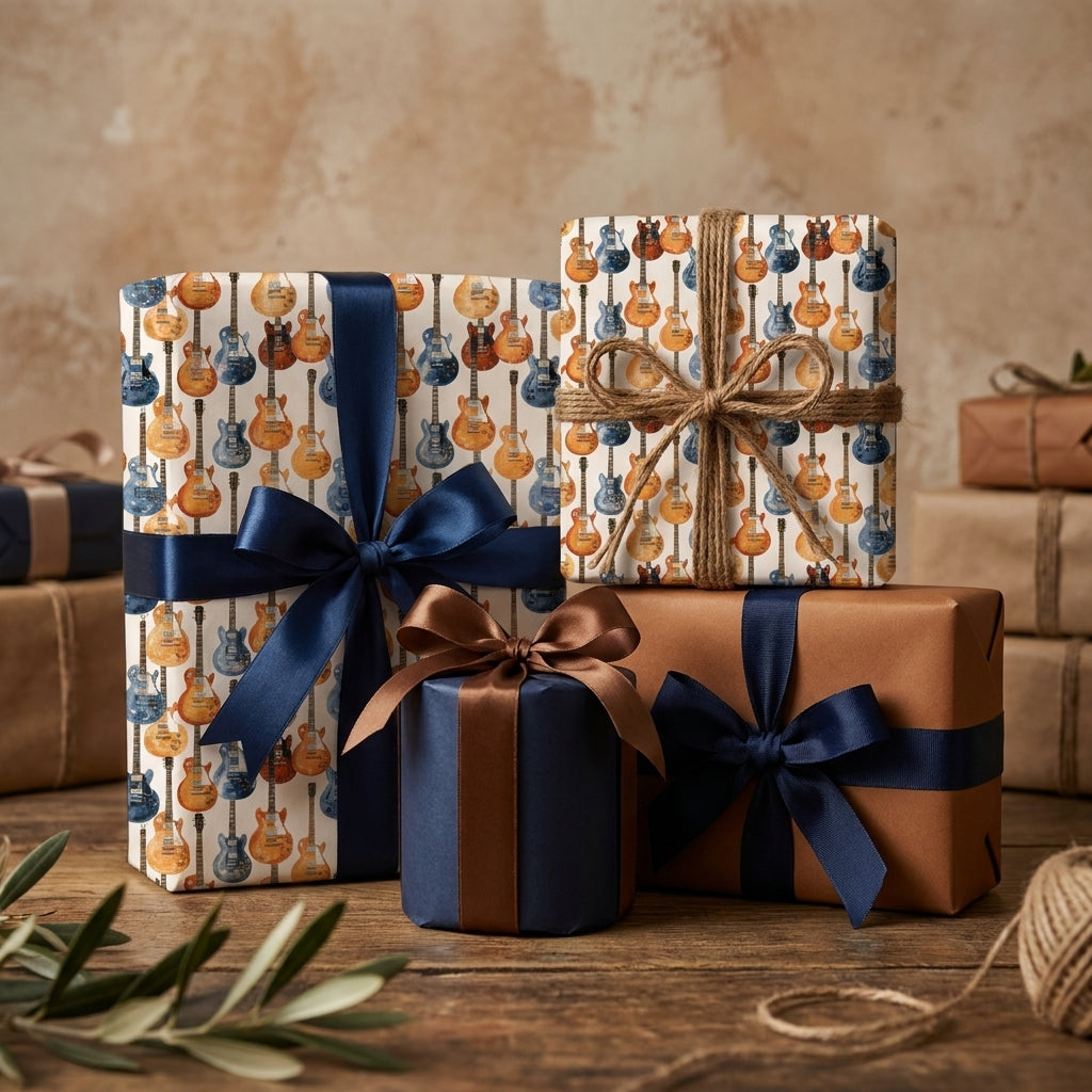 Guitar wrapping paper with electric guitars, navy blue ribbon, and rustic twine by Wrapped Studios.