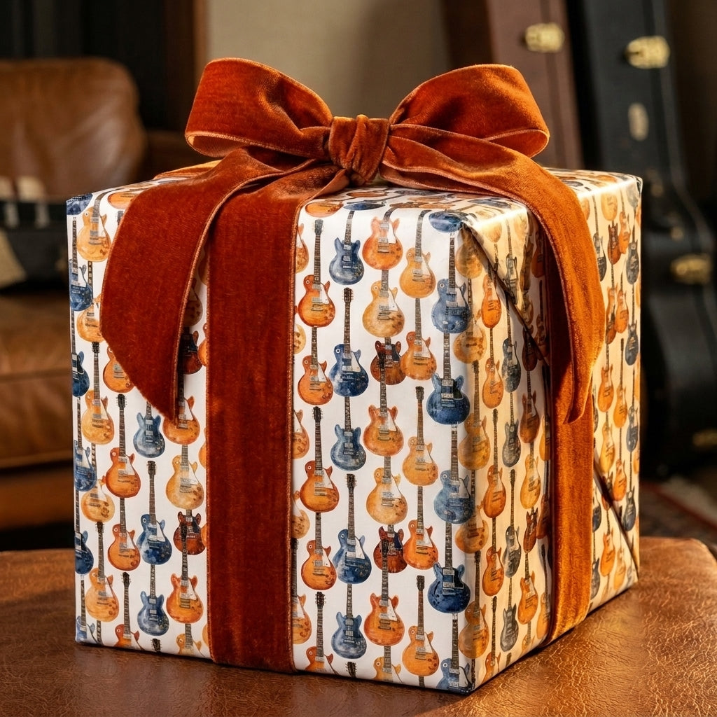 Vintage guitar wrapping paper by Wrapped Studios on a gift box tied with a burnt orange velvet bow.