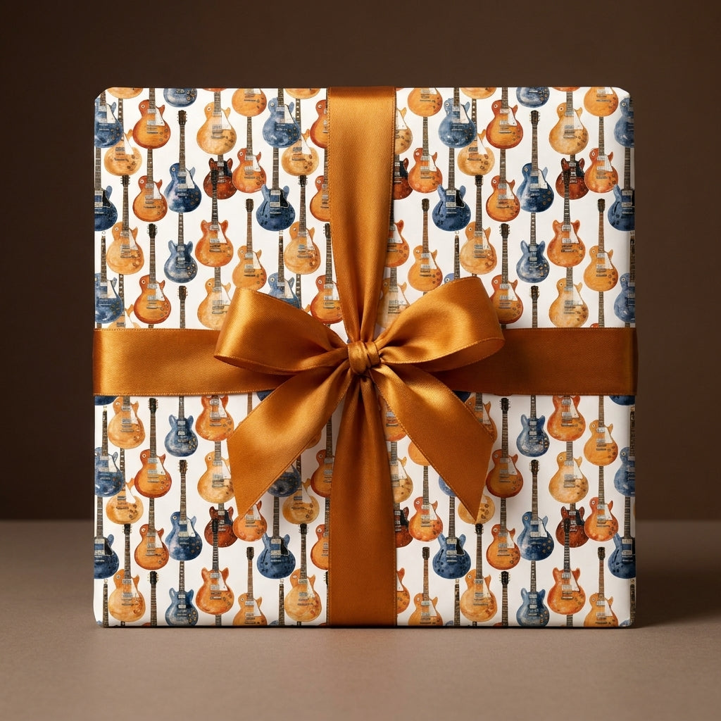 Retro guitar wrapping paper with a gold satin bow for a music lover's birthday by Wrapped Studios.