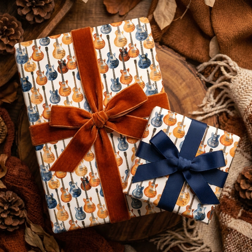 Retro electric guitar wrapping paper with velvet bows for music lover gifts by Wrapped Studios.