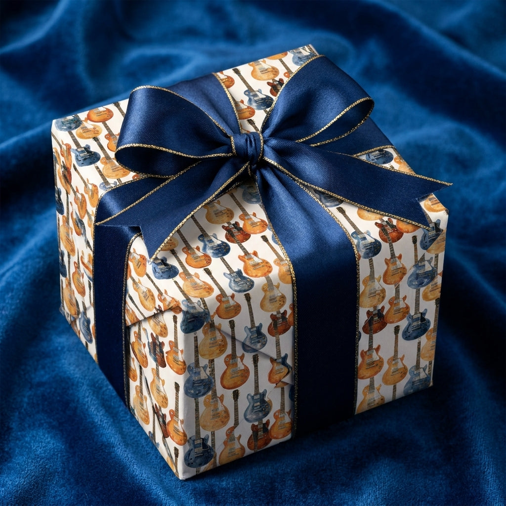 Guitar wrapping paper by Wrapped Studios on a gift box with a navy satin ribbon on blue velvet.