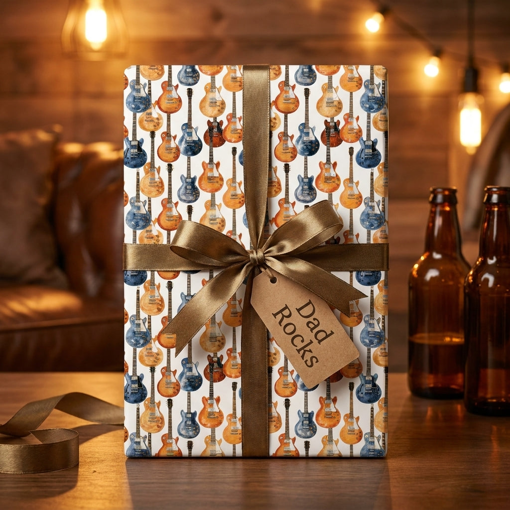 Guitar wrapping paper with gold bow and Dad Rocks tag for Father's Day by Wrapped Studios.