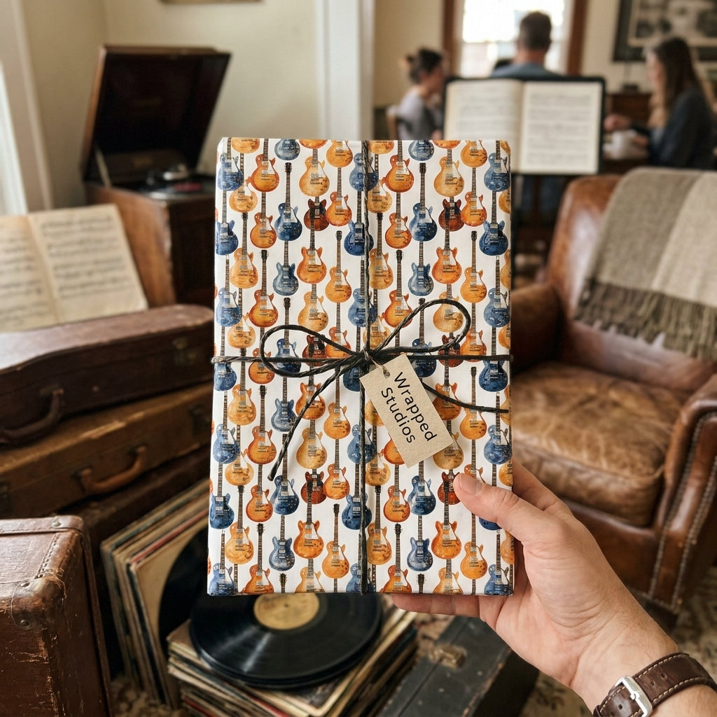 Blue and orange retro guitar wrapping paper by Wrapped Studios, tied with black twine.