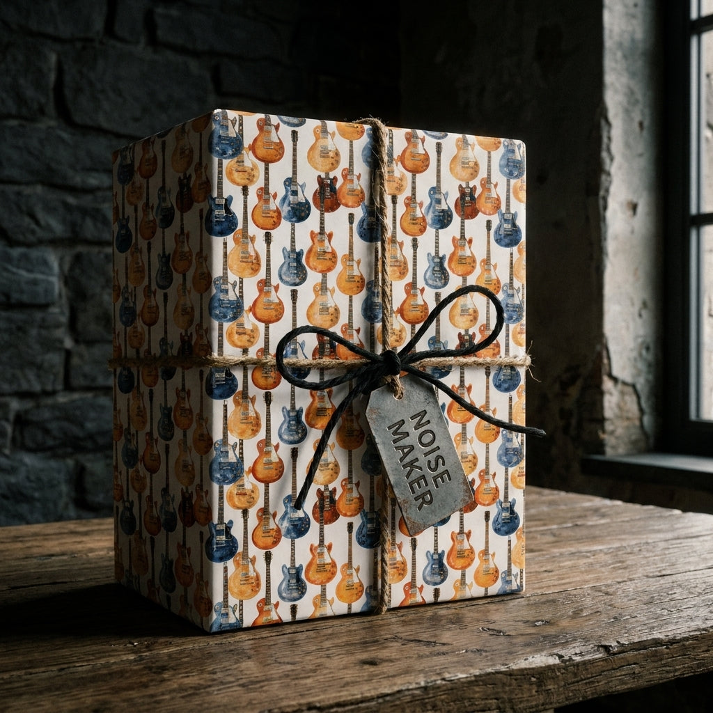 Electric guitar wrapping paper on a rustic gift box with a twine bow by Wrapped Studios.