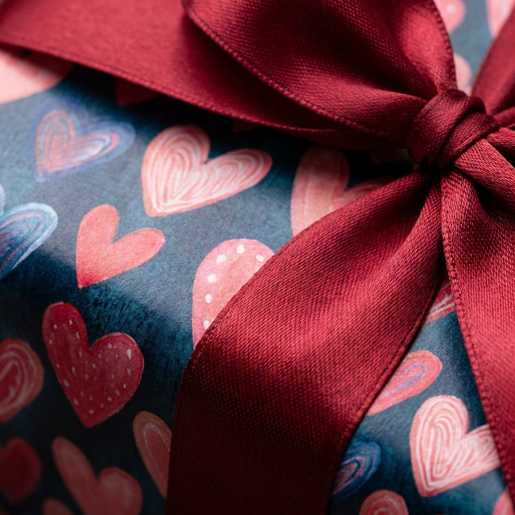 Valentine's Day heart wrapping paper with a luxury burgundy satin ribbon by Wrapped Studios.