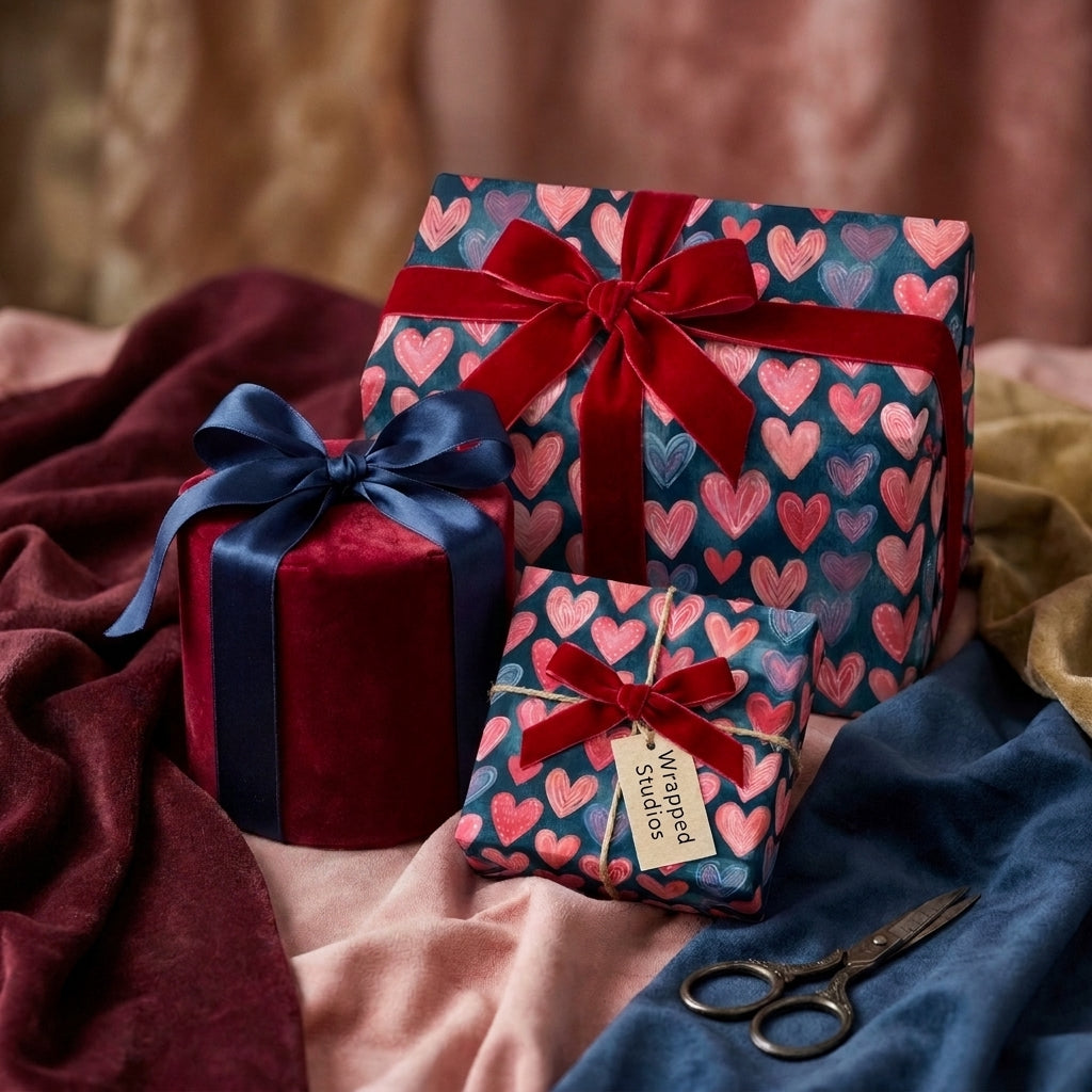 Romantic heart wrapping paper and velvet ribbons on luxury Valentine’s gifts by Wrapped Studios.