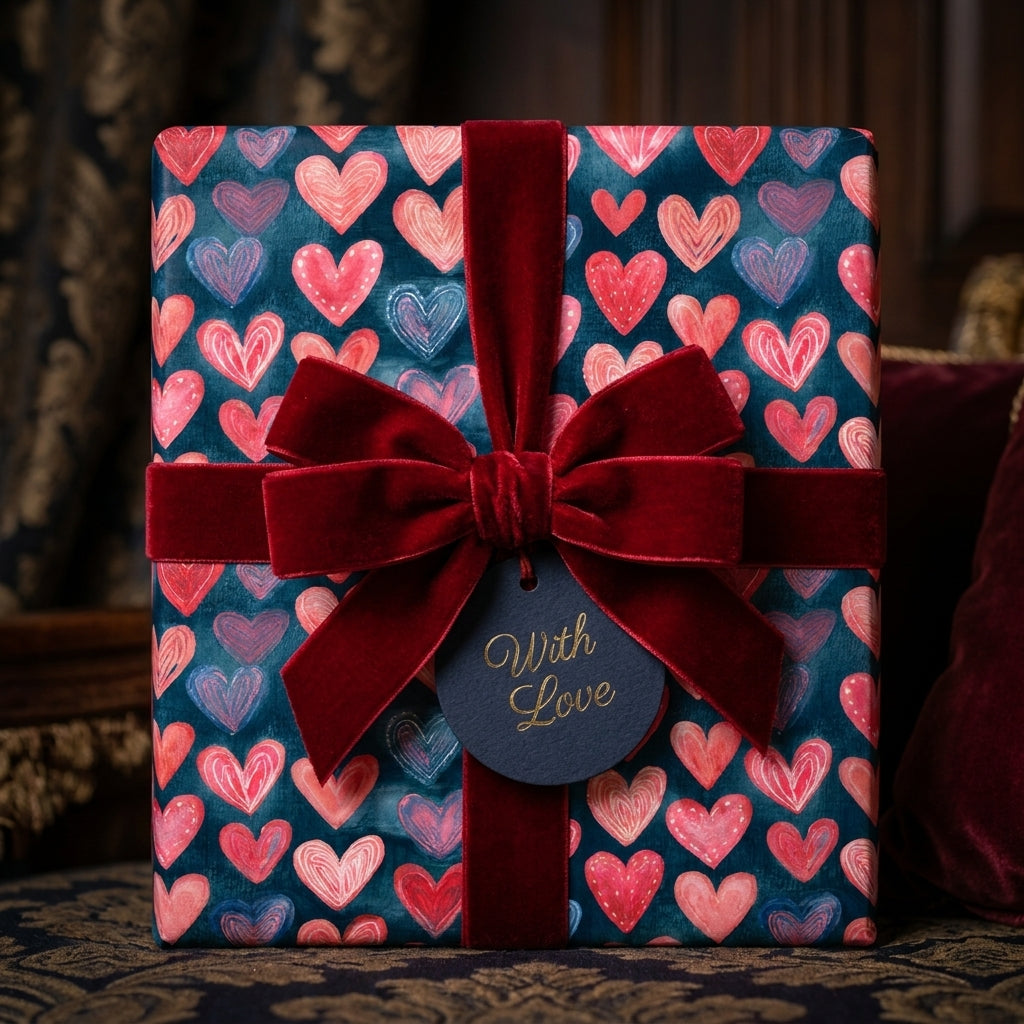 Luxury heart wrapping paper with a red velvet bow and "With Love" tag by Wrapped Studios.