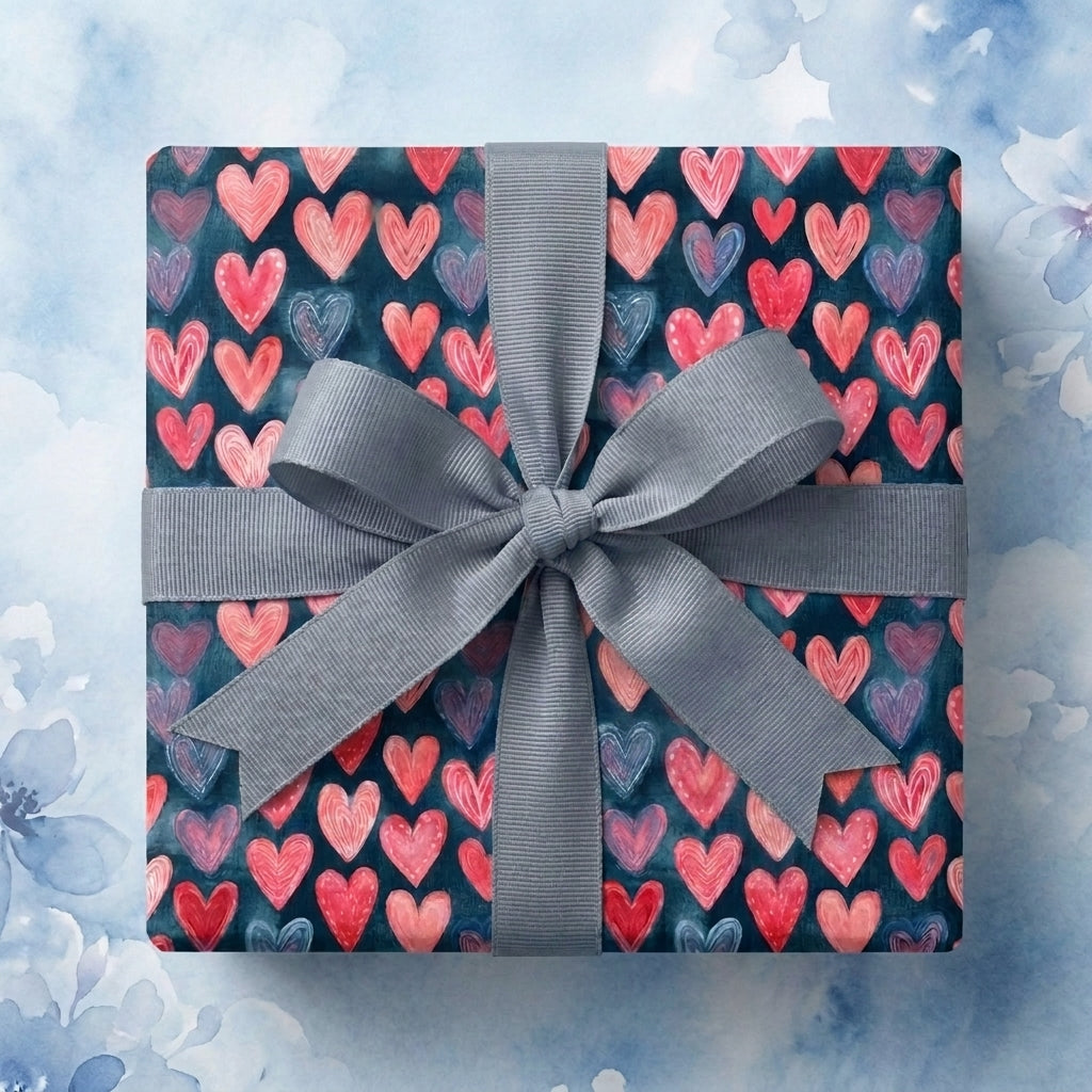 Valentine heart gift wrap with pink and red hearts on navy and a grey ribbon bow by Wrapped Studios.