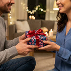 Couple exchanging gift in heart wrapping paper with red ribbon. Valentine's Day gift wrap by Wrapped Studios.