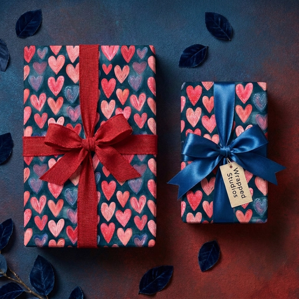 Romantic Valentine's Day heart wrapping paper on luxury gifts with bows by Wrapped Studios.