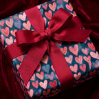 Valentine's Day heart wrapping paper with a red ribbon bow, by Wrapped Studios.