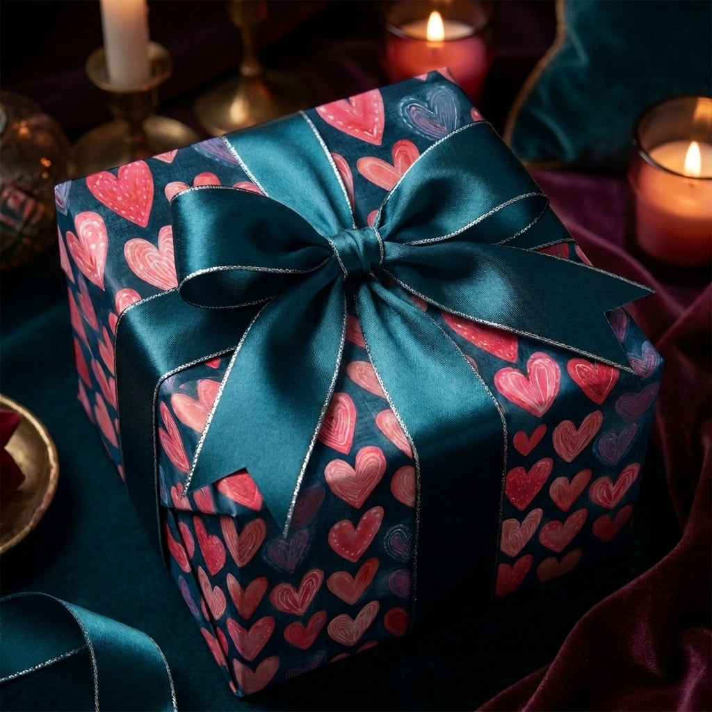 Luxury Valentine's Day wrapping paper with pink hearts and teal ribbon by Wrapped Studios.