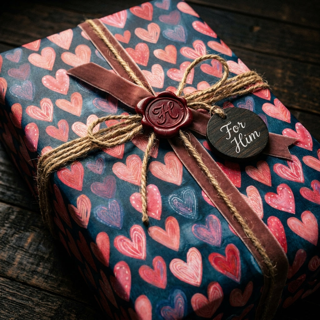 Romantic heart wrapping paper with velvet ribbon and 'For Him' tag by Wrapped Studios.