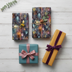 Gifts wrapped in artistic watercolor wrapping paper with ribbon on a white wood background.