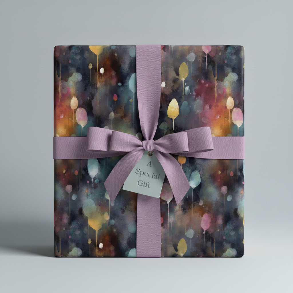 Elegant gift wrapped in watercolor floral wrapping paper with mauve ribbon and "A Special Gift" tag.