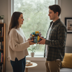 Man giving woman galaxy-themed birthday gift wrap with colorful bow.