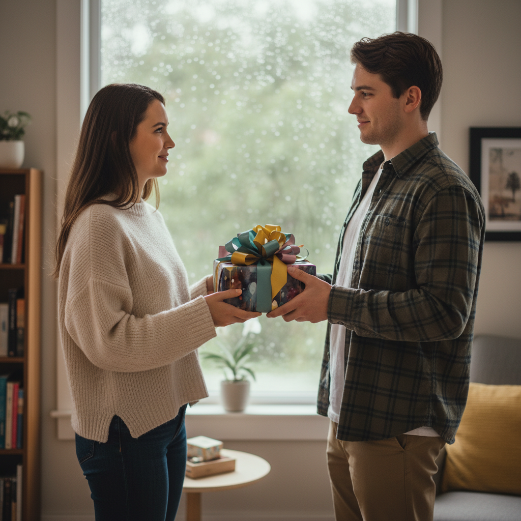 Man giving woman galaxy-themed birthday gift wrap with colorful bow.