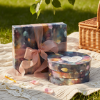 Elegant watercolor wrapping paper with peach ribbon on gift boxes for birthday or special occasion.