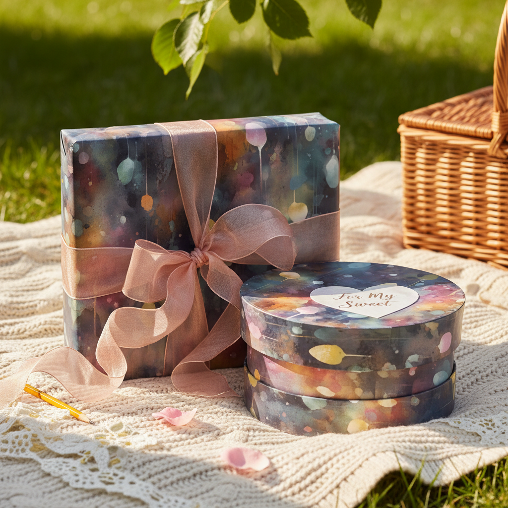 Elegant watercolor wrapping paper with peach ribbon on gift boxes for birthday or special occasion.