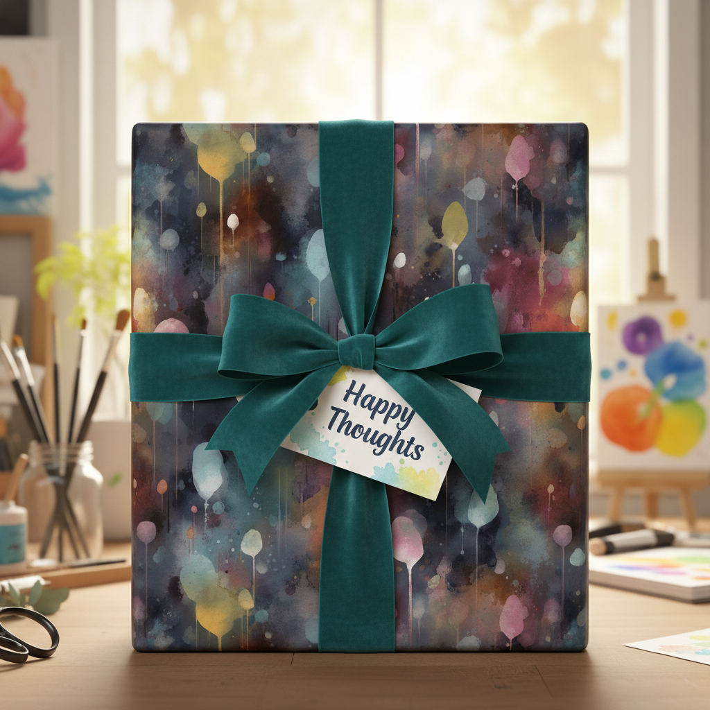 Elegant gift wrapped in watercolor-style wrapping paper with teal velvet ribbon; Happy Thoughts tag.