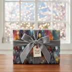 "Happy Spring!" gift wrapped in modern watercolor wrapping paper with grey velvet ribbon.