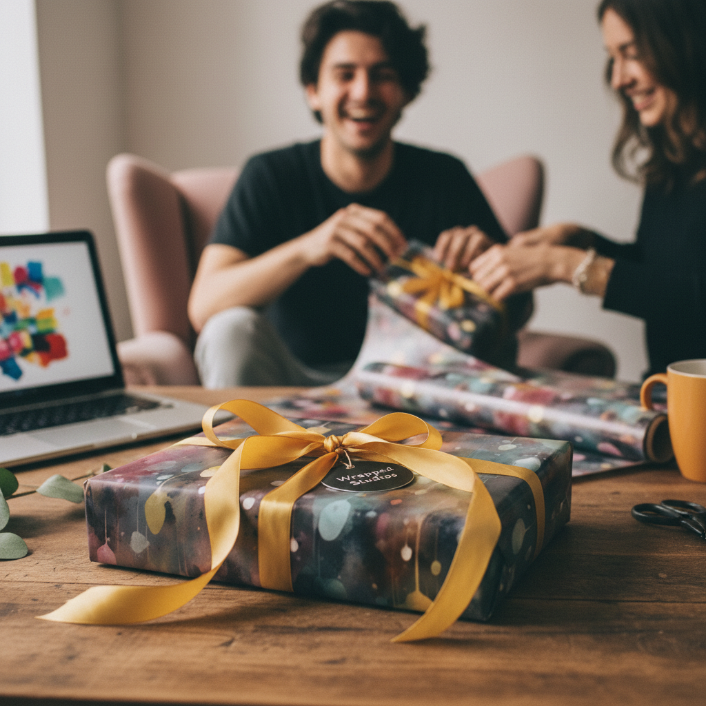 Couple wrapping gifts with artistic splatter wrapping paper and gold satin ribbon for birthdays or holidays.