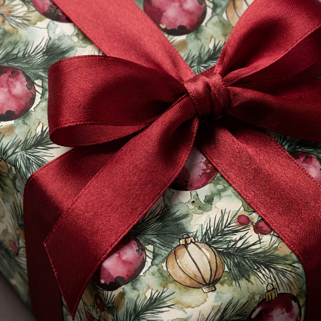 Christmas gift box with watercolor ornament wrapping paper and a red satin bow.