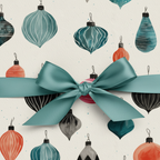 Whimsical Christmas ornament wrapping paper with teal, red, and black watercolor baubles and a teal satin bow, perfect for holiday gifts.