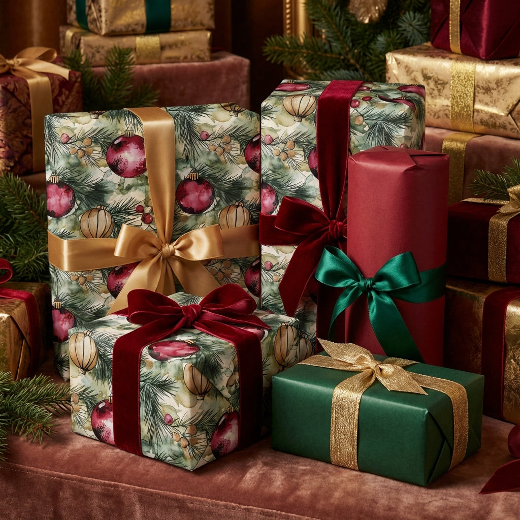 Elegant Christmas gift wrap: ornaments pattern with velvet ribbon bows from Wrapped Studios.