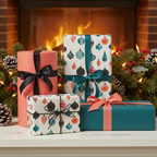 Festive Christmas wrapping paper with modern ornament patterns in teal, coral, and black, tied with ribbons, arranged on a mantel with a fireplace.