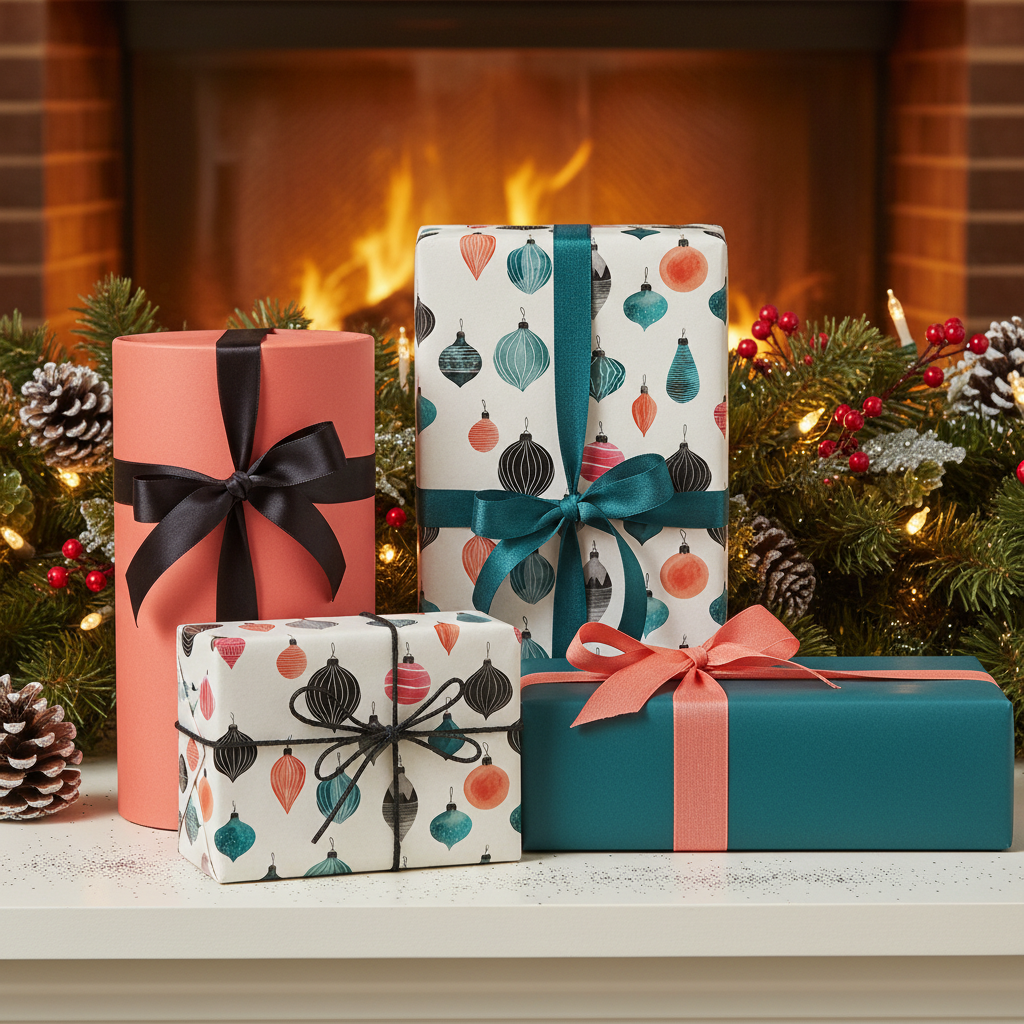 Festive Christmas wrapping paper with modern ornament patterns in teal, coral, and black, tied with ribbons, arranged on a mantel with a fireplace.