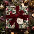Elegant Christmas gift wrap with watercolor ornament pattern and velvet ribbon bow.