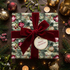 Elegant Christmas gift wrap with watercolor ornament pattern and velvet ribbon bow.