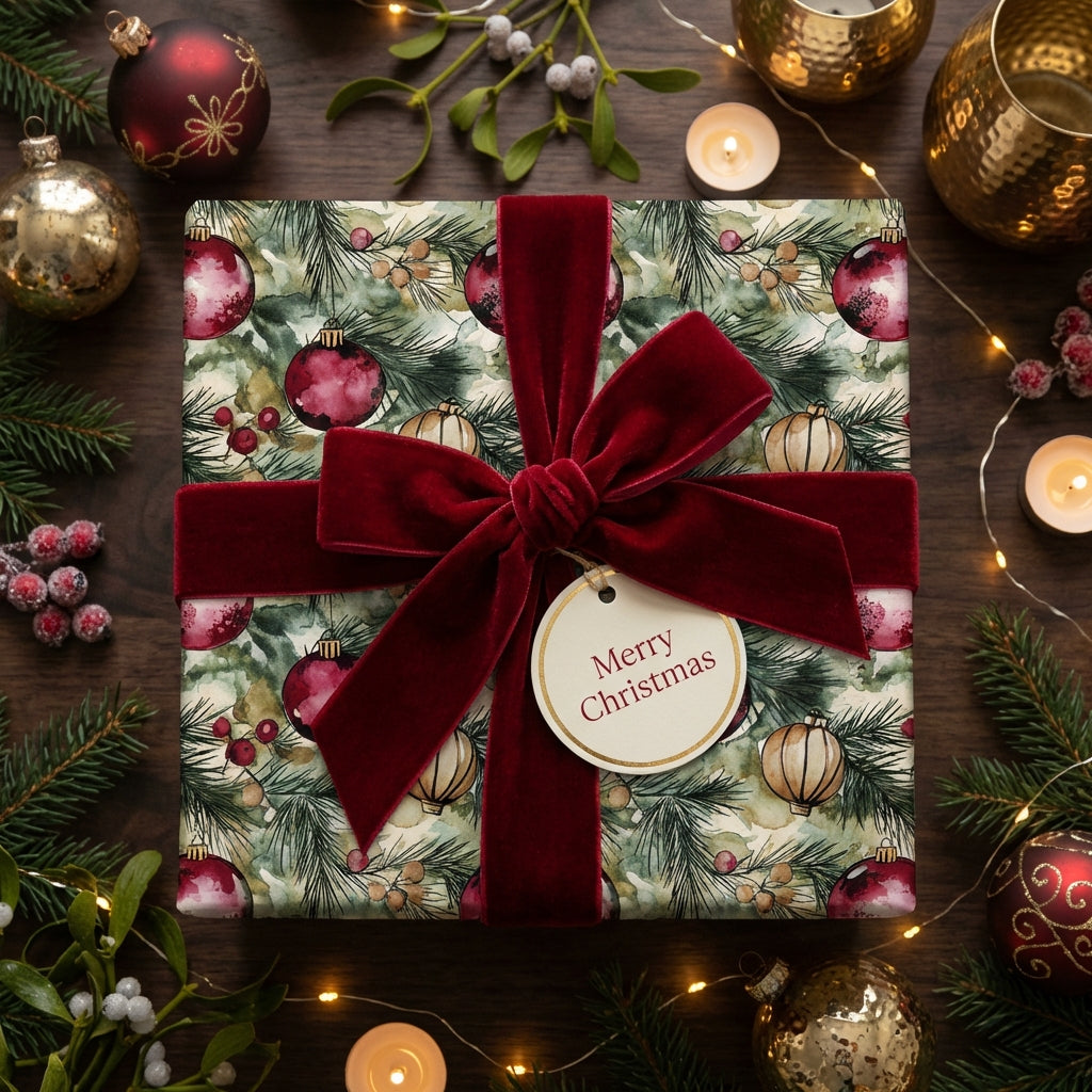 Elegant Christmas gift wrap with watercolor ornament pattern and velvet ribbon bow.