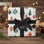 Festive white Christmas wrapping paper with colorful vintage ornament pattern, black ribbon, and holiday decor, ideal for luxury gift wrap.