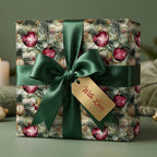Christmas gift wrapped in holiday ornament paper with a green ribbon & “With Love” tag.