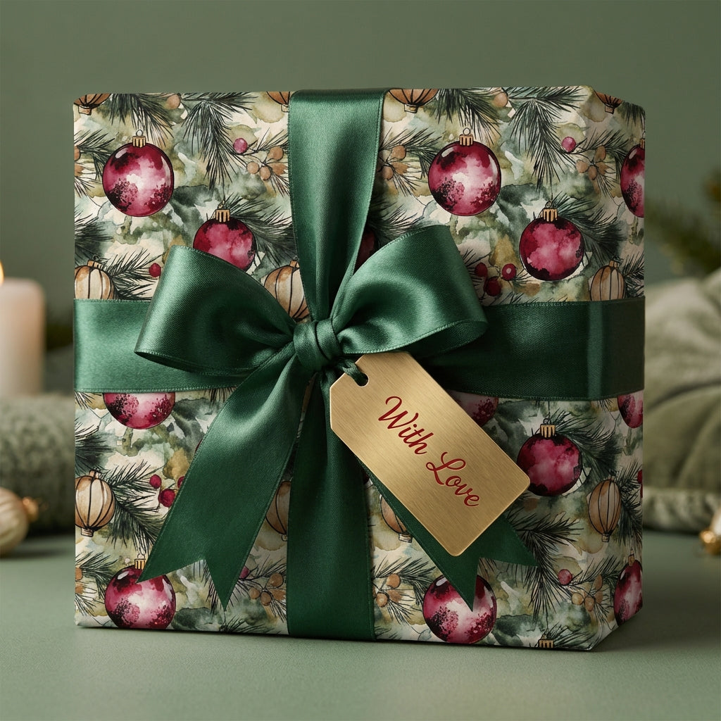 Christmas gift wrapped in holiday ornament paper with a green ribbon & “With Love” tag.