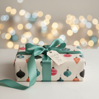Christmas gift box in modern ornament wrapping paper with teal ribbon and "Wishing You Joy" tag, bokeh lights background.