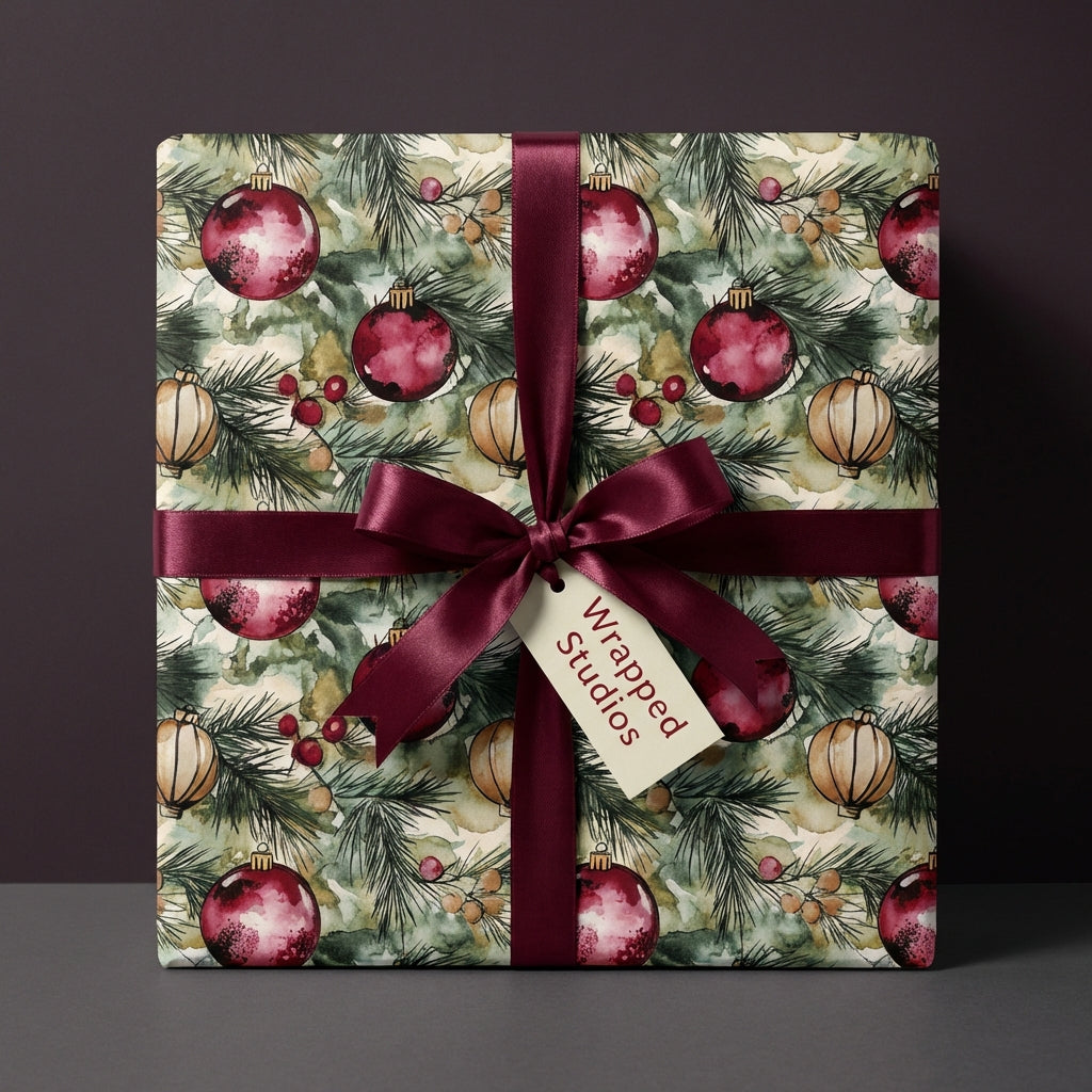 Wrapped gift in watercolor Christmas ornament wrapping paper with burgundy ribbon.