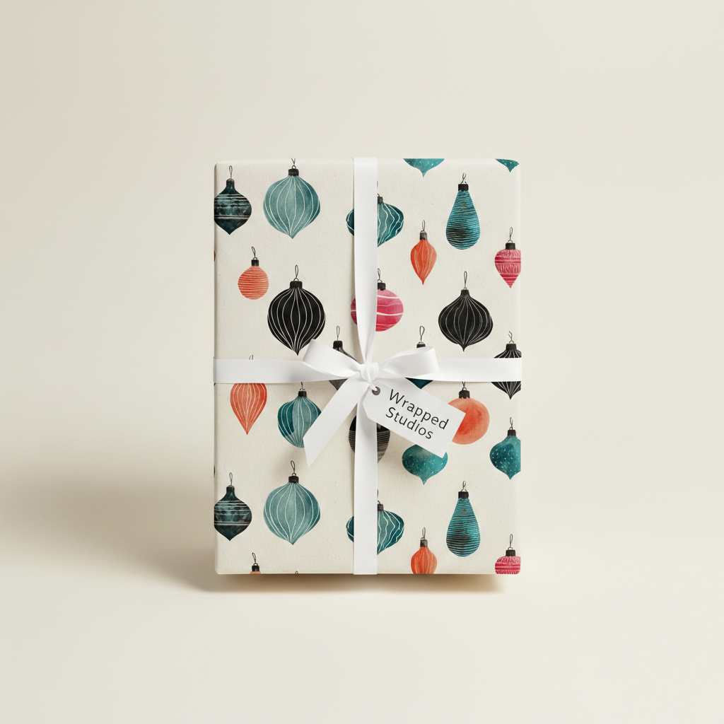 Christmas wrapping paper with watercolor ornaments in teal, black, and orange, tied with a white ribbon and "Wrapped Studios" tag.