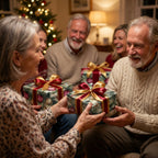 Family exchanging Christmas gifts wrapped in floral wrapping paper with gold ribbon.