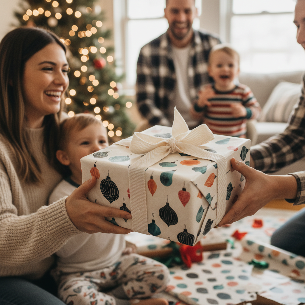 Happy family exchanging a Christmas gift wrapped in modern ornament pattern paper with a cream ribbon bow.