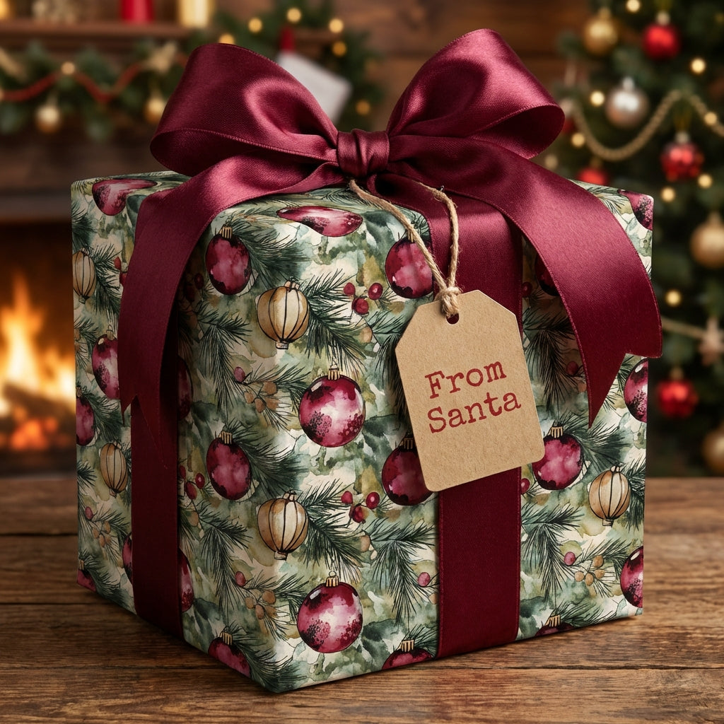 Christmas gift wrapped in festive ornament paper with a burgundy ribbon bow and "From Santa" tag.