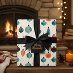 Christmas wrapping paper featuring colorful ornament patterns on a white background, tied with a black satin ribbon and gift tag, set in a cozy holiday scene.