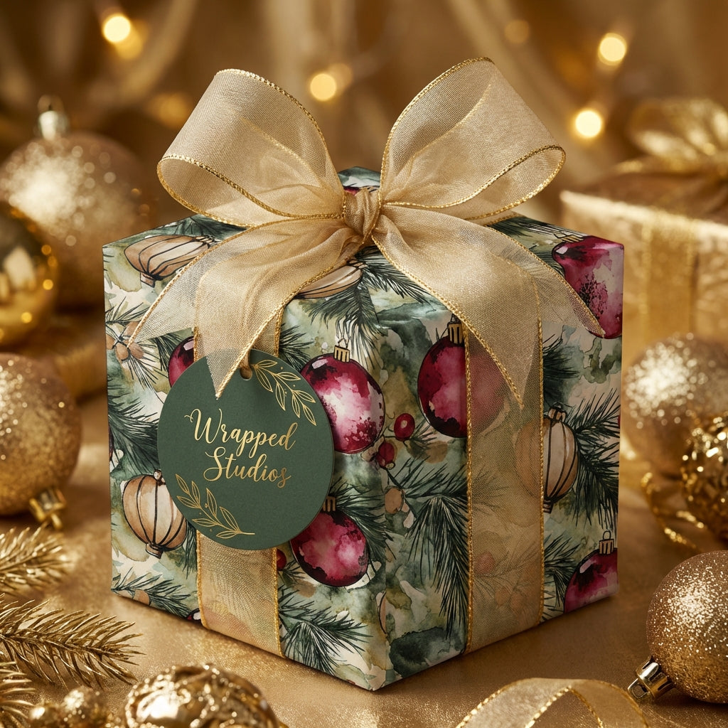 Wrapped Studios Christmas gift wrap with watercolor ornament pattern and gold ribbon.