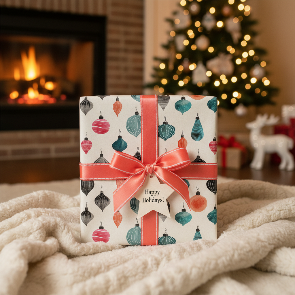 Christmas wrapping paper with a festive ornament pattern, a coral ribbon, and a "Happy Holidays!" tag, set by a fireplace and tree.
